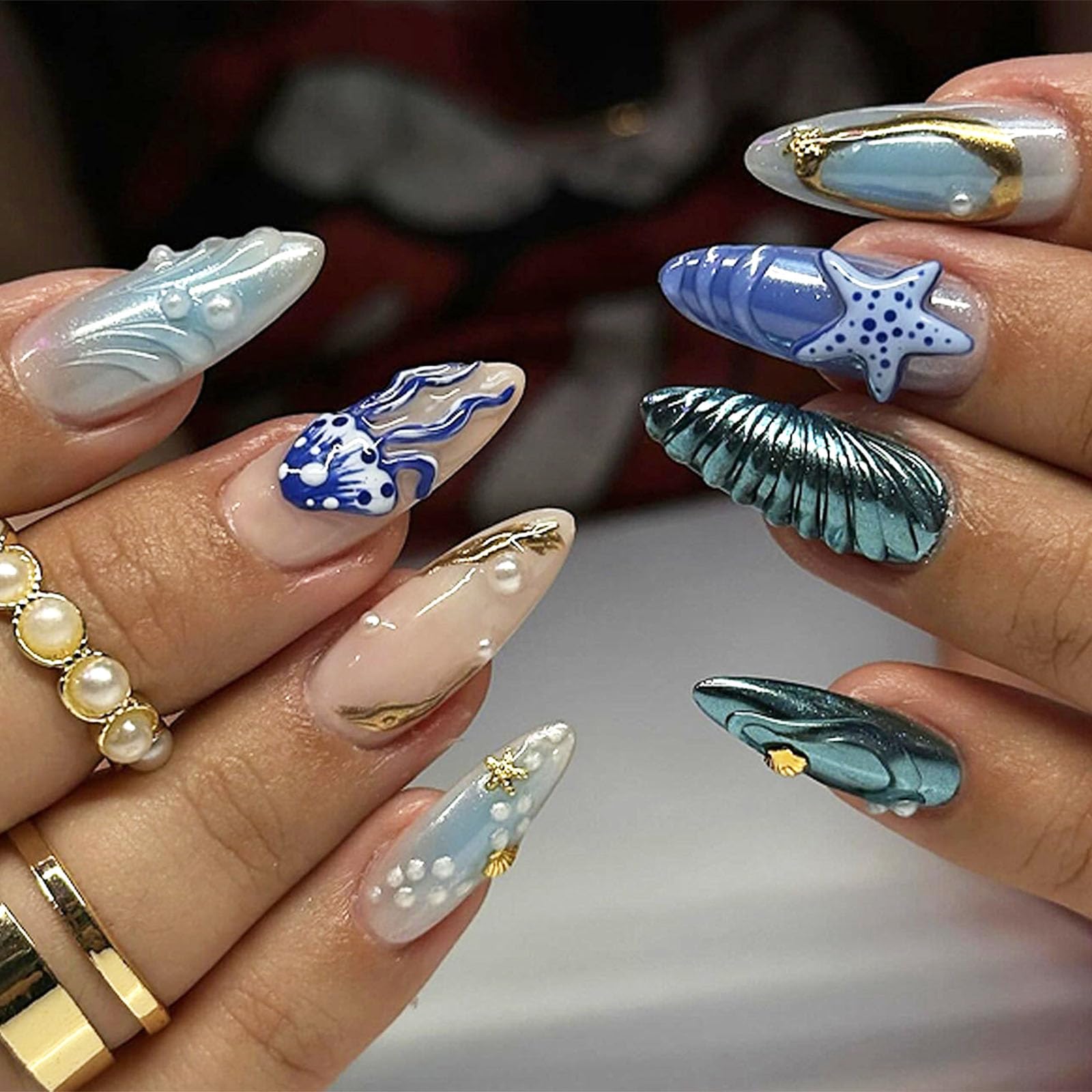 IMSOHOT Press on Nails Almond Medium Fake Nails Glossy Full Cover Blue Chrome False Nails with 3D Sea Star & Medusa Designs Artificial Glue Stick on