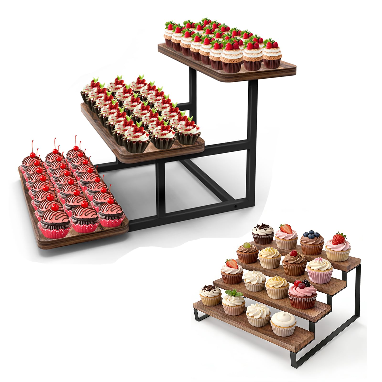Soporte Tarta de 3 Niveles, Bandejas para 63 Cupcakes Bundle with Bandejas para Tartas de 4 Niveles para 16 Cupcakes, Expositor Madera para Torta