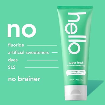 Hello Super Fresh Fluoride Free Toothpaste, Toothpaste for Bad Breath, Helps Remove Surface Stains, Natural Spearmint, 3 Pack, 4.7 Oz Tubes