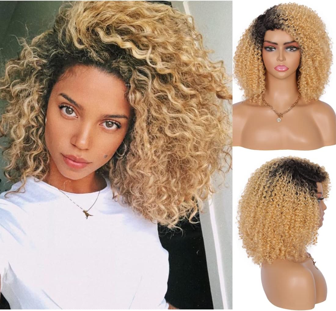 Kalyss Ombre blonde Short Afro Kinky Curly Wigs for Women Side Curved Part Natural Looking Big ,Bouncy and Super Soft Premium Synthetic Afro Curls Wigs for Women