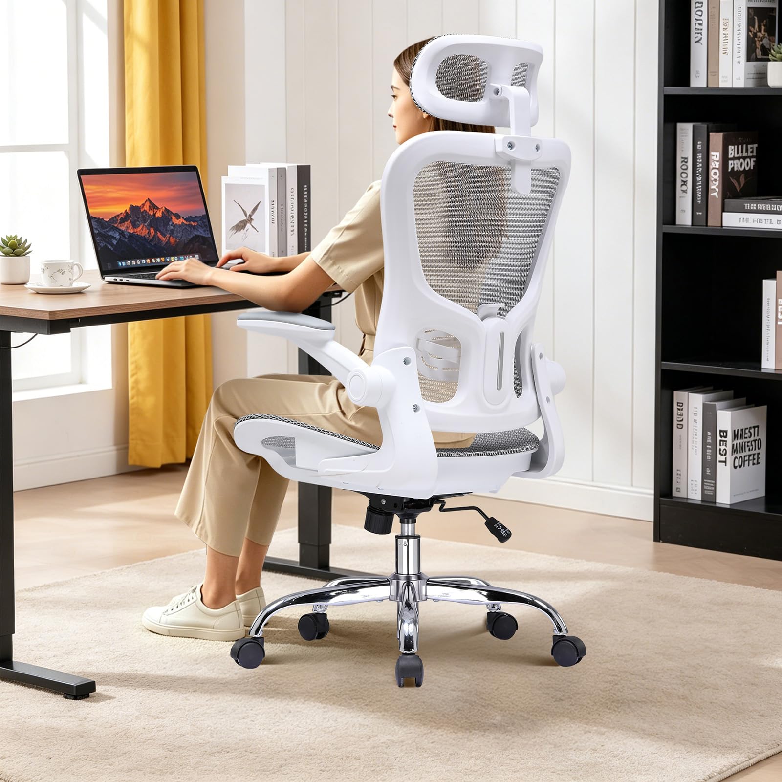 COMHOMA Bürostuhl, Schreibtischstuhl, ergonomischer Netzstuhl, mit doppellagigem Netzgewebe, atmungsaktiv, Adaptive Lendenstütze, verstellbare Kopfstütze, für Homeoffice, Drehstuhl 150 kg, Weiß
