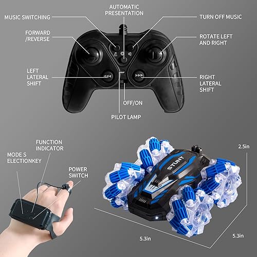Miniatura 6 de Auto de control remoto, 2.4 Ghz 4WD con detección de gestos RC Stunt Car, doble cara 360 flip, con luces frescas y música, regalo de cumpleaños