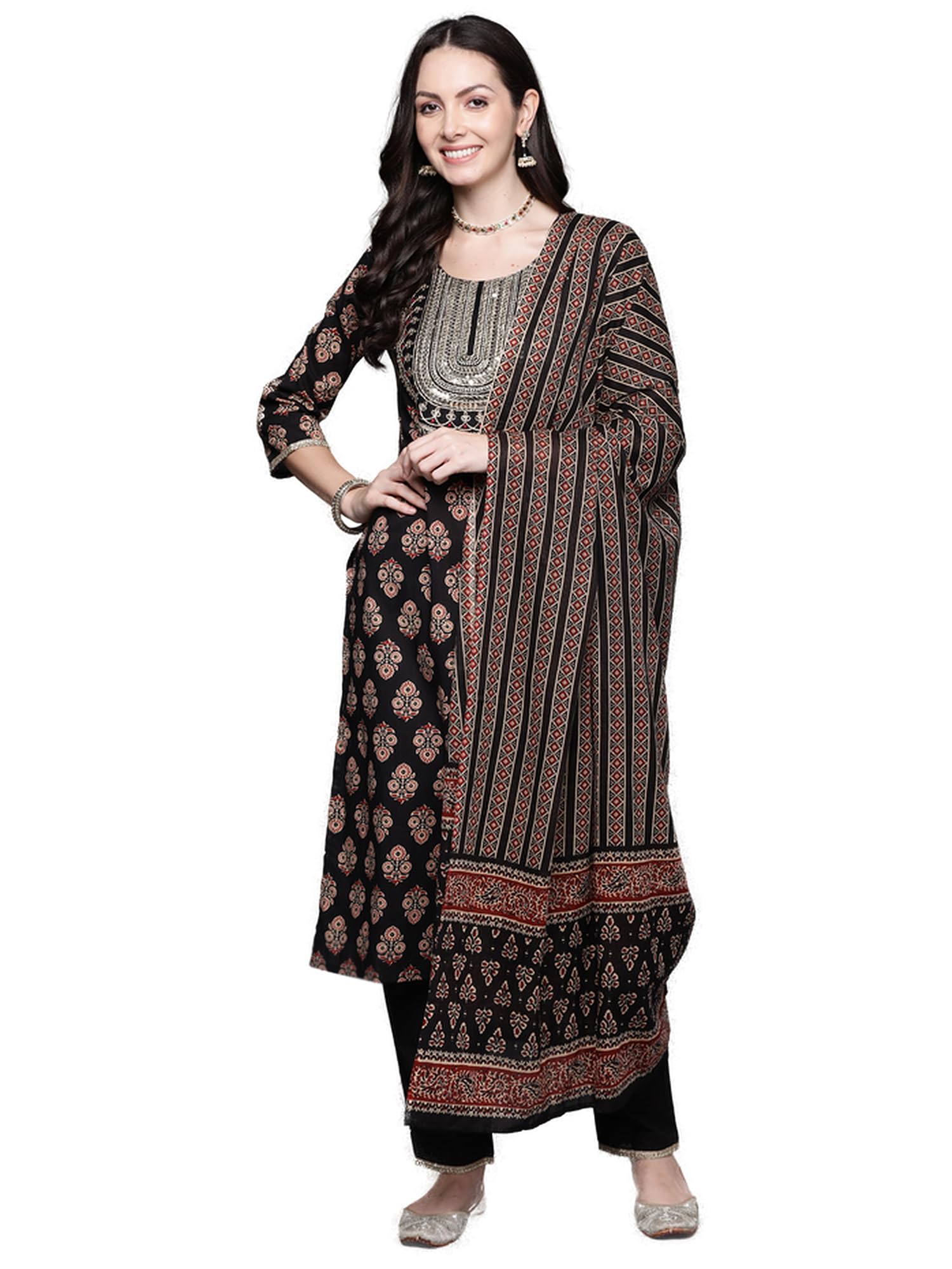 INDO ERAWomen's Printed Pure Cotton Kurta With Pant & Dupatta Set (KH0GN5130)