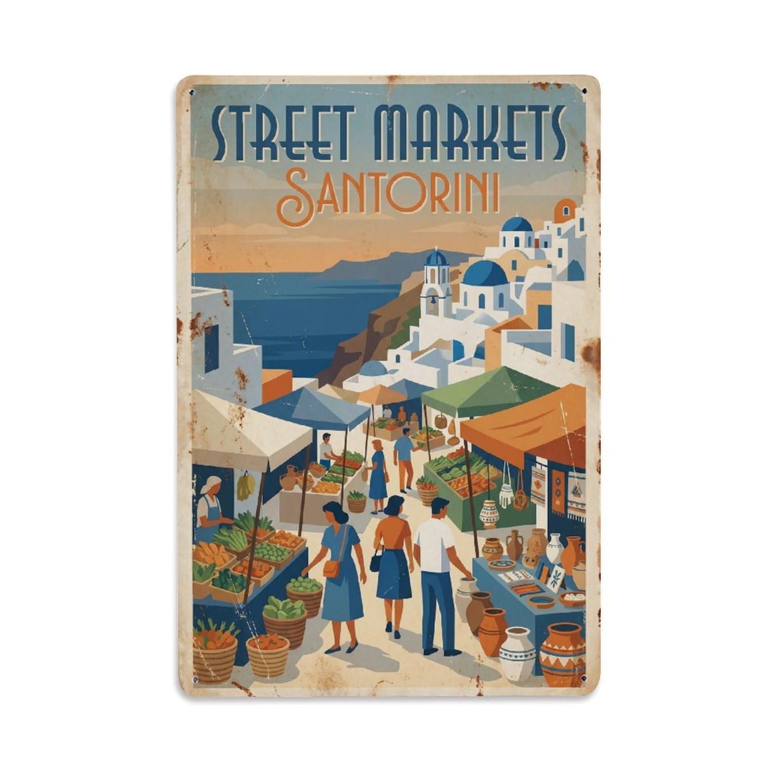 Gead 8X12inch Style Vintage Travel Santorini Street Markets Metal Tin Sign