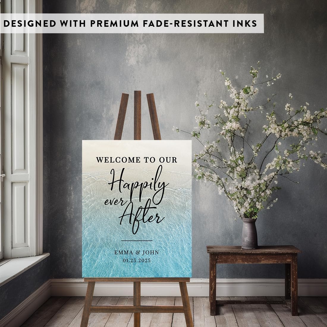 Andaz Press Custom Large Canvas Wedding Guest Book Alternative 16 x 20 Inches Happily Ever After Tropical Sand Beach Vertical Personalized Guest Book Signs for Wedding Welcome Sign for Beach Wedding