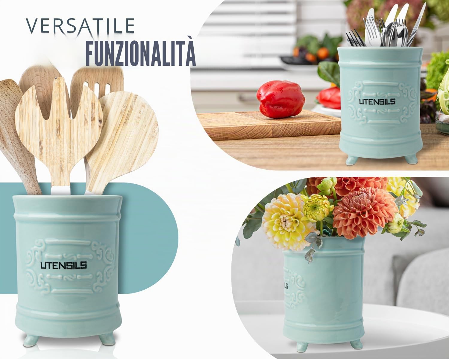 Comfify Portautensili in Ceramica Blu Francese - Organizer per Utensili in Stile Vintage e Design Antico - Rustico, per Gli Appassionati di Cucina