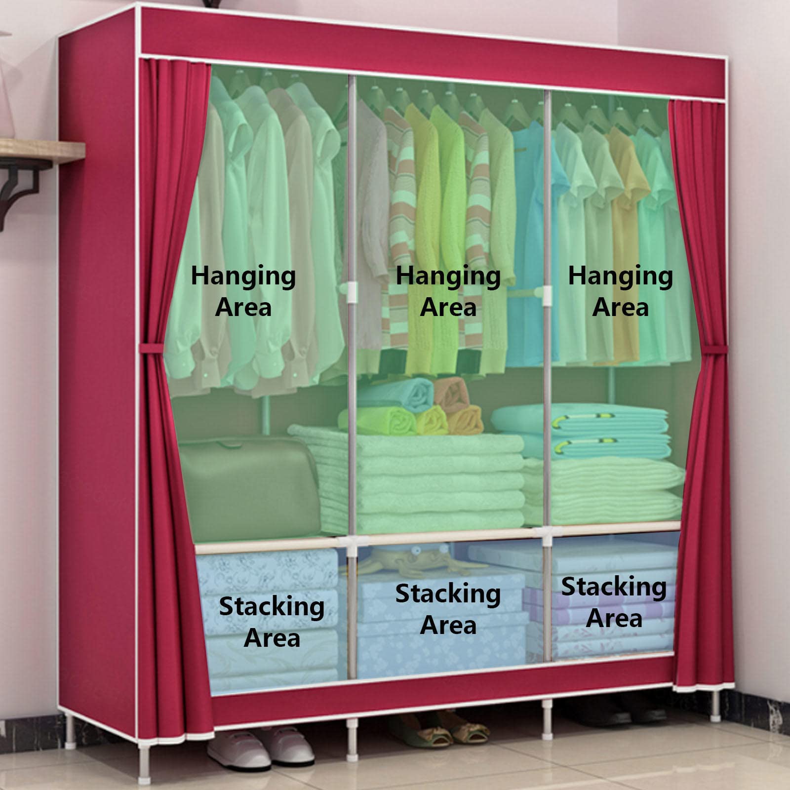 Armadio Portatile in Tela,Armadi in Tessuto con Asta Appendiabiti,Rivestimento in Tessuto,Armadio Organizzatore per Vestiti,Scarpe,Green-129x45x167cm