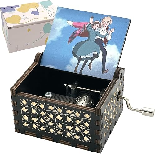 Pursuestar HowlMoving Castle-Merry Go Round of Life - Caja de música de madera, manivela grabada, regalo musical vintage para fanáticos del anime,