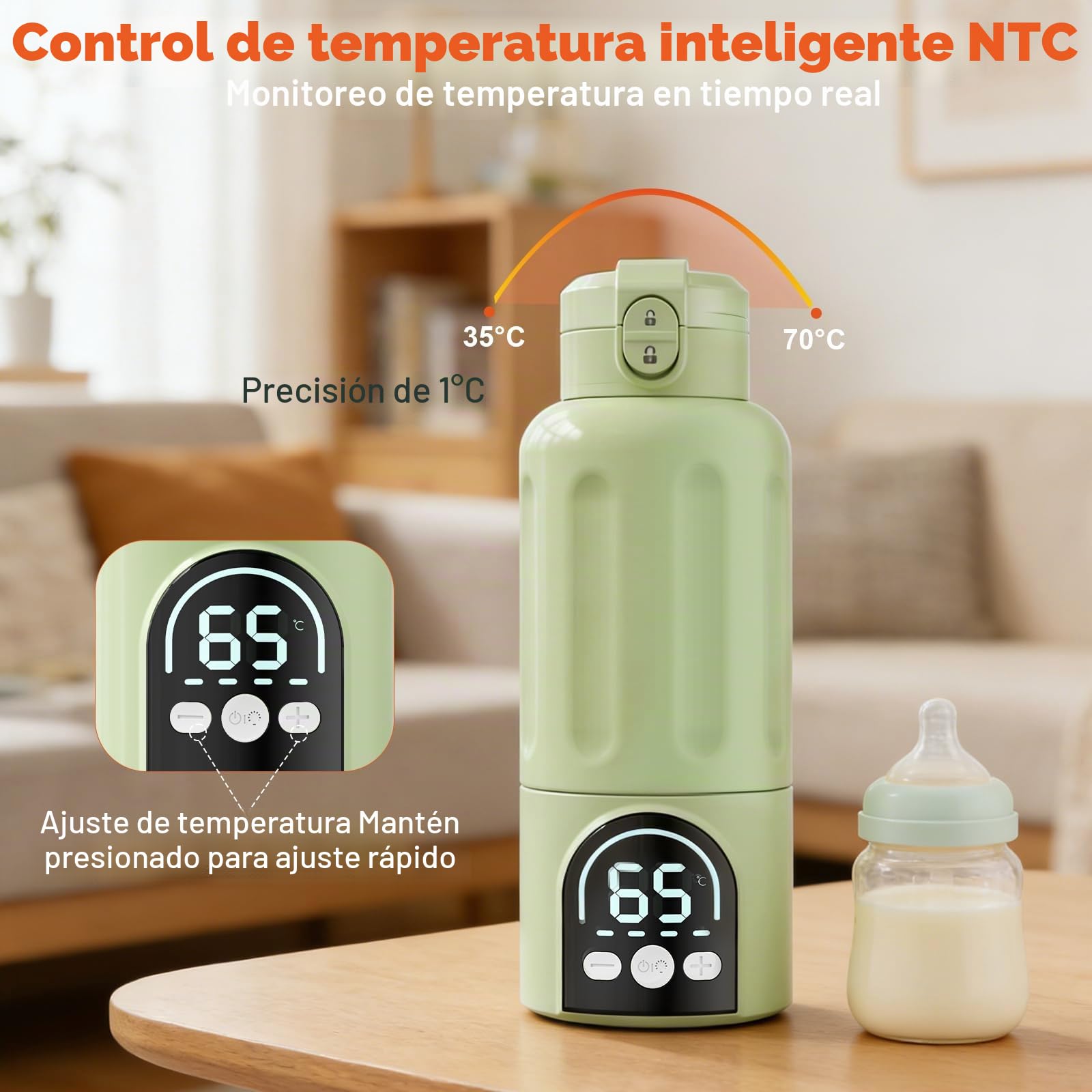 Calienta biberones portátil, 500 ml, calentamiento rápido 140 W para leche materna y agua, calentador de biberones portátil con regulación precisa 35–70 °C, batería 12000mAh