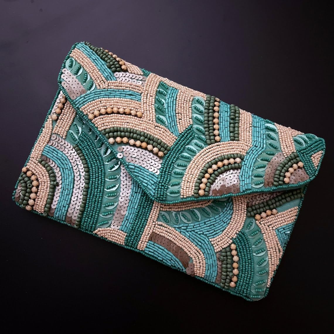 Enliven Beaded handmade clutch bag, teal and light peach, party bag with string, Gift for her
