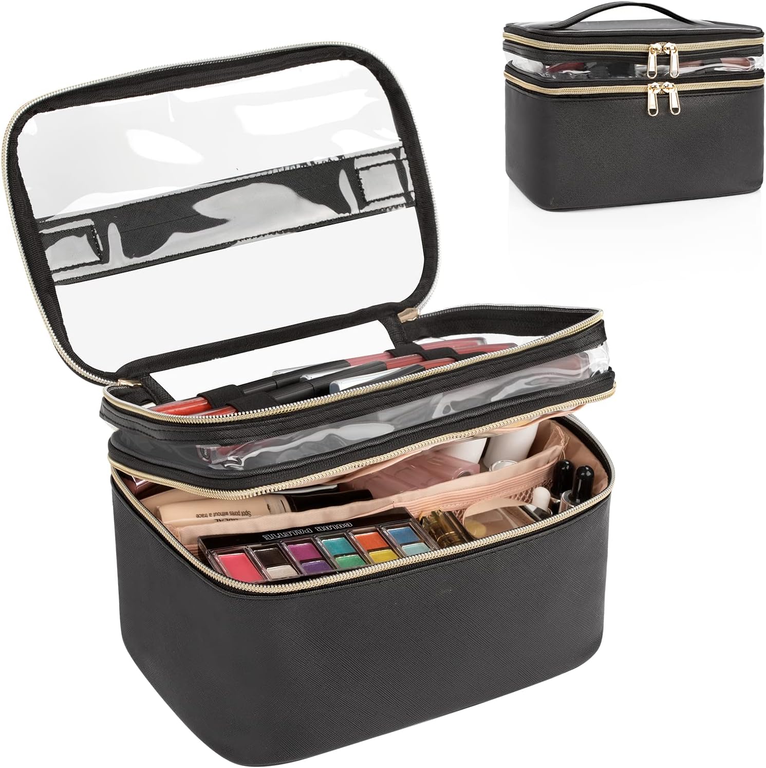 OCHEAL Makeup Bag, Portable Cosmetic Bag, Large Capacity Travel Makeup Case Organizer, Black Makeup Bags For Women Toiletry Bag for Girls Traveling With Handle and Divider