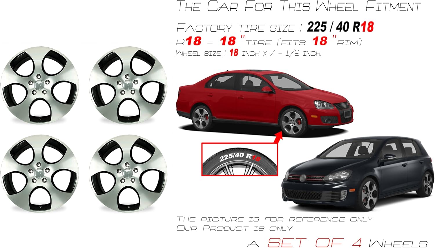 New Set of 18" 18x7.5 Inch Alloy Wheel for 2005–2014 Volkswagen Golf Jetta GTI | OEM Design Replacement Rim | Machined Black | Direct Fit – OE Stock Specs | 69822 69822A