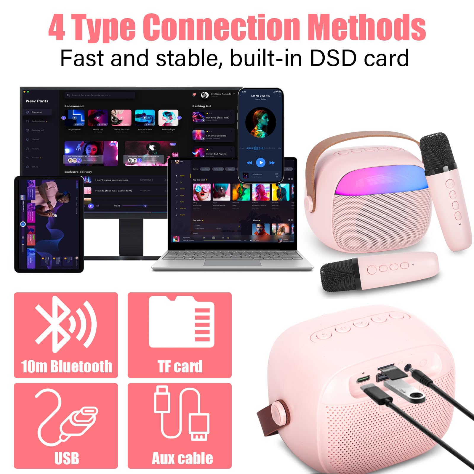 Karaoke per Bambini e Adulti con 2 Microfoni Senza Fili Bluetooth, Macchina Karaoke Portatile con Luce LED ed Effetti di Cambio Voce, Regali per Bambini da 3 a 18 Anni, Ragazzi e Ragazze