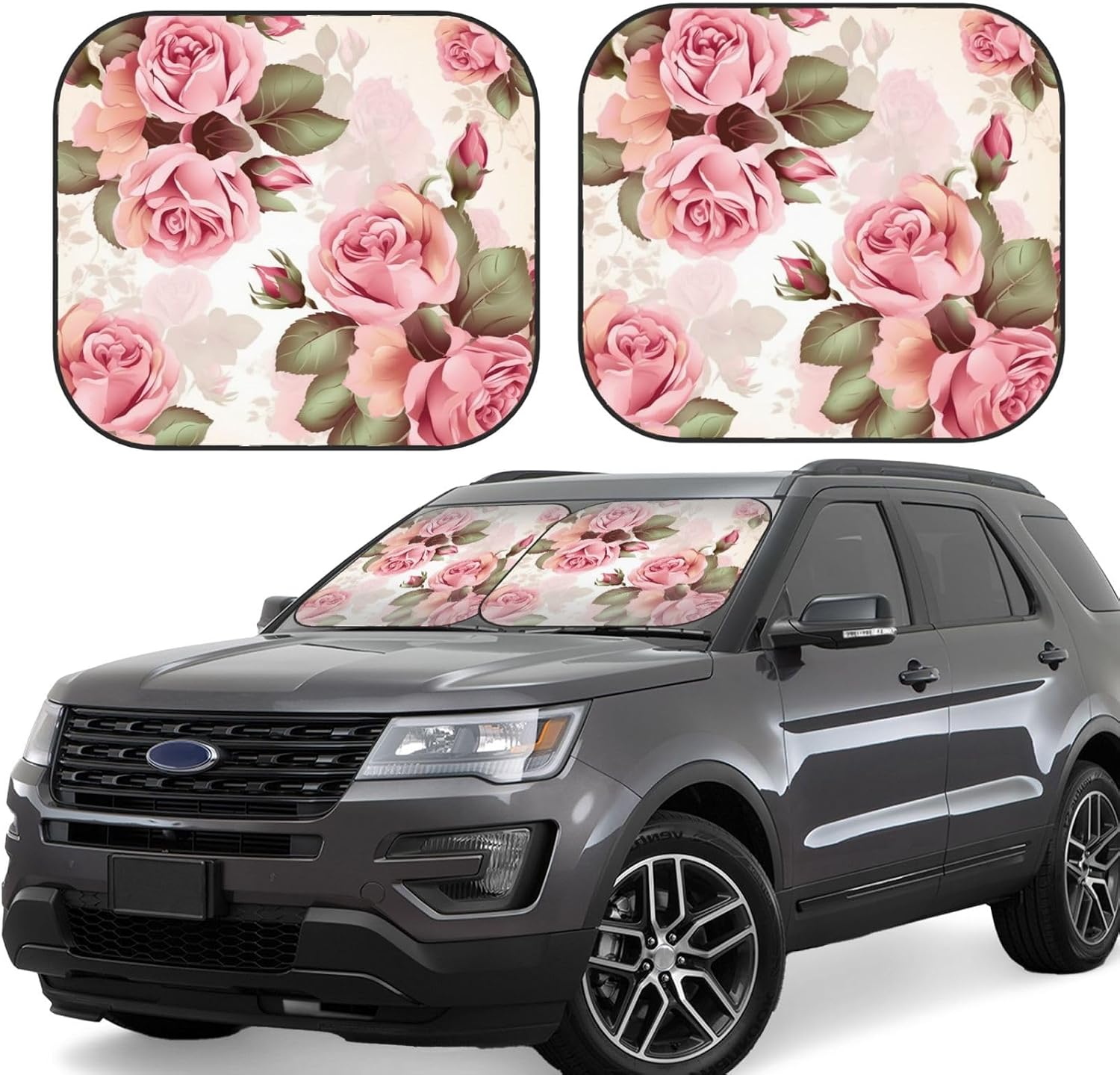 2 Piece Car Windshield Sun Shade Foldable Pink Rose Floral Auto Front Window Sun Shield Heat and UV Rays Sunshade for Car Front Window Keep Cool and Protect Interior Accessories