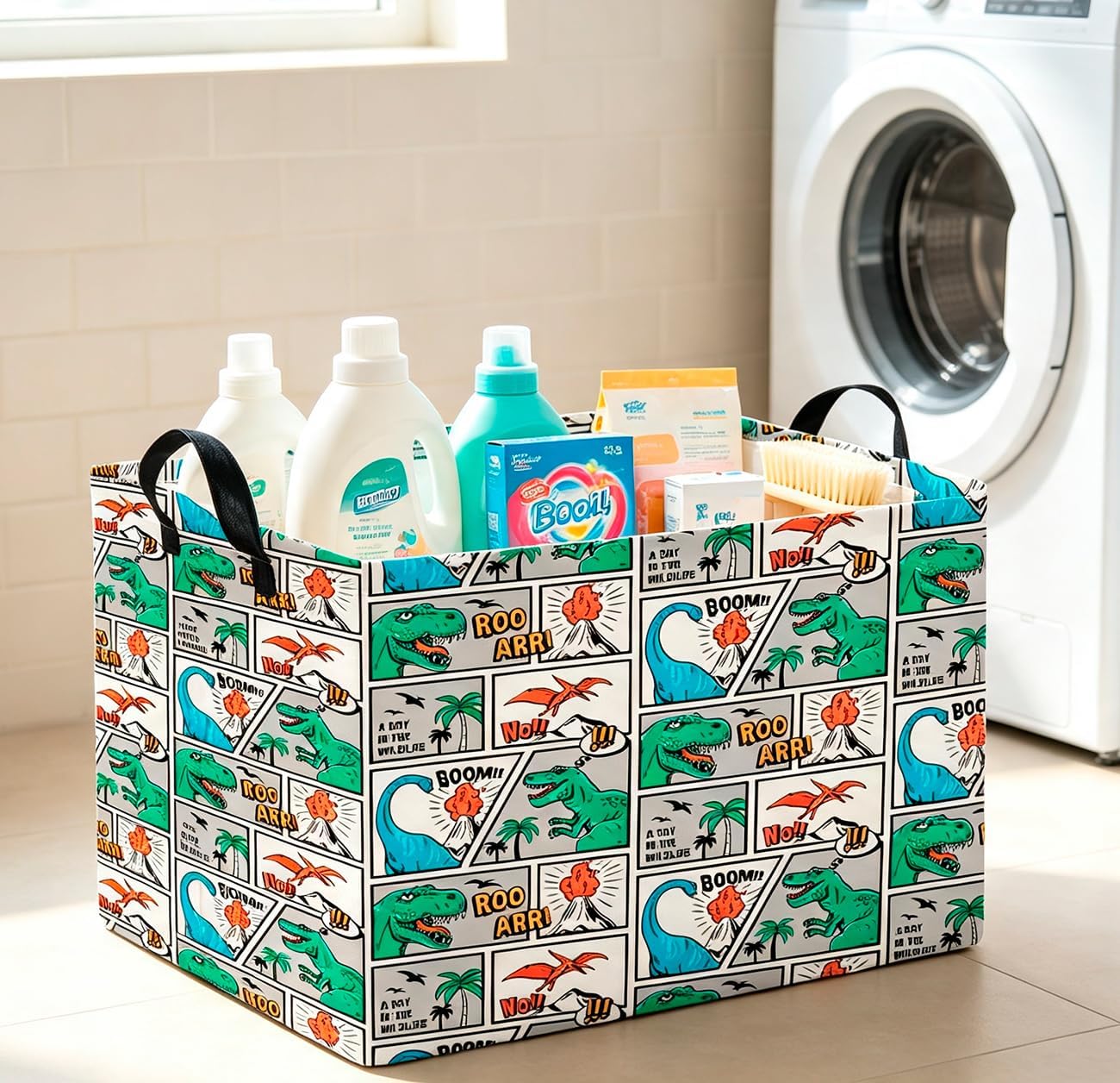 CLOCOR Rectangular Storage Bin,Waterproof Book Box,Room Decor(Comic Dinosaur)