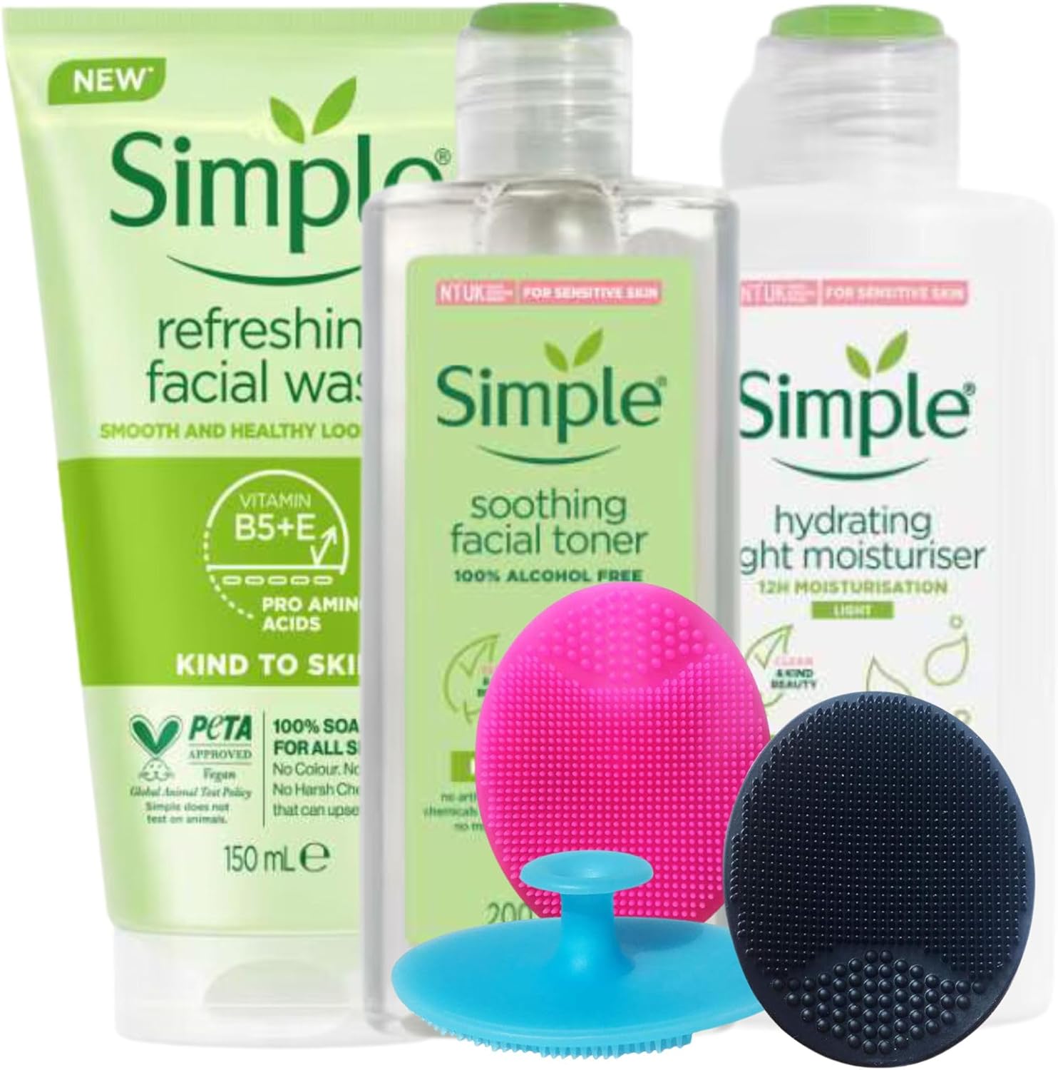 Silicone Face Scrubber Bundled with Simple Skincare Set containing Face Wash, Toner & Moisturiser and 3 Kyeltri Silicone Face Exfoliating Brush