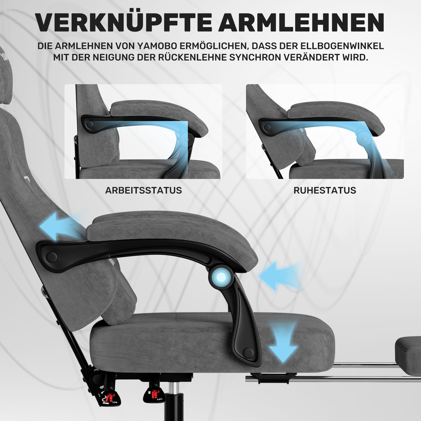 Gaming Stuhl Ergonomisch Gaming Chair für Büro&Computer Stoff Grau | Mit Fußstütze Nackenkissen Lendenmassagekissen, Höhenverstellbar, Abriebfeste atmungsaktive, Tragkraft bis 150 kg