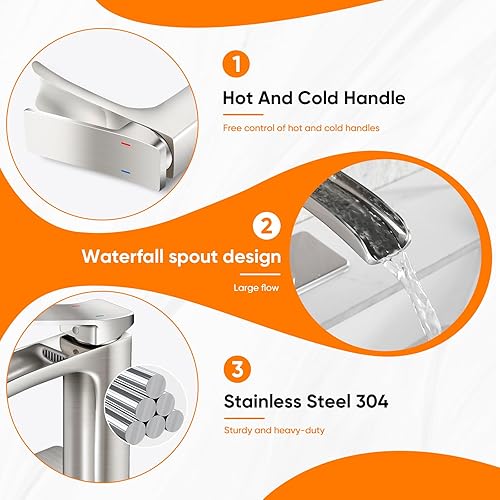 Miniatura 4 de Grifo de baño de níquel cepillado OWOFAN Waterfall grifo de lavabo con drenaje emergente de una sola manija vanidad casa de campo RV lavabo grifo