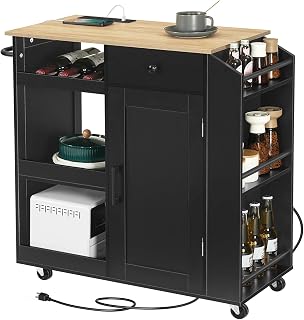 MAHANCRIS Rolling Kitchen Island with Power Outlet, Drawer, Wine Rack, Spice Rack - Mobile Storage Cart on Wheels, Black & Natural