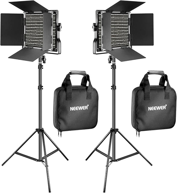 NEEWER 2 Pieces Bi-color 660 LED Video Light and Stand Kit Includes:(2)3200-5600K CRI 96+ Dimmable Light with U Bracket and Barndoor and (2)75 inches Light Stand for Studio Photography, Video Shooting