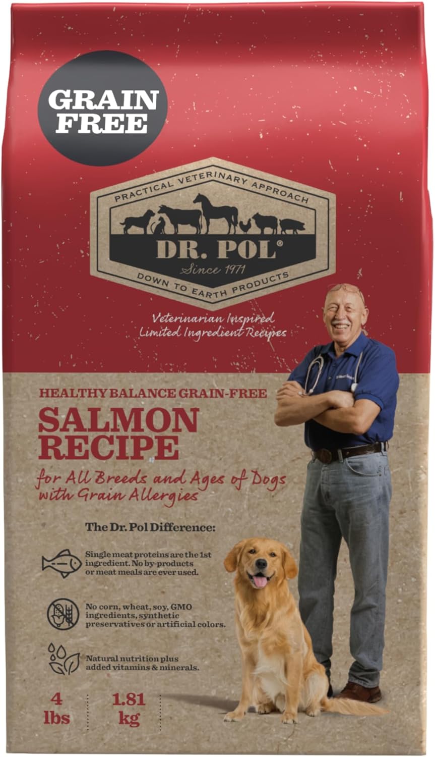 Dr. Pol Grain Free Salmon Dog Food - Premium Natural Dry Dog Food, Limited Ingredient High Protein Veterinarian Formulated Kibble for Any Size or Stage, Allergies, Sensitive Stomach, Salmon 12lb Bag