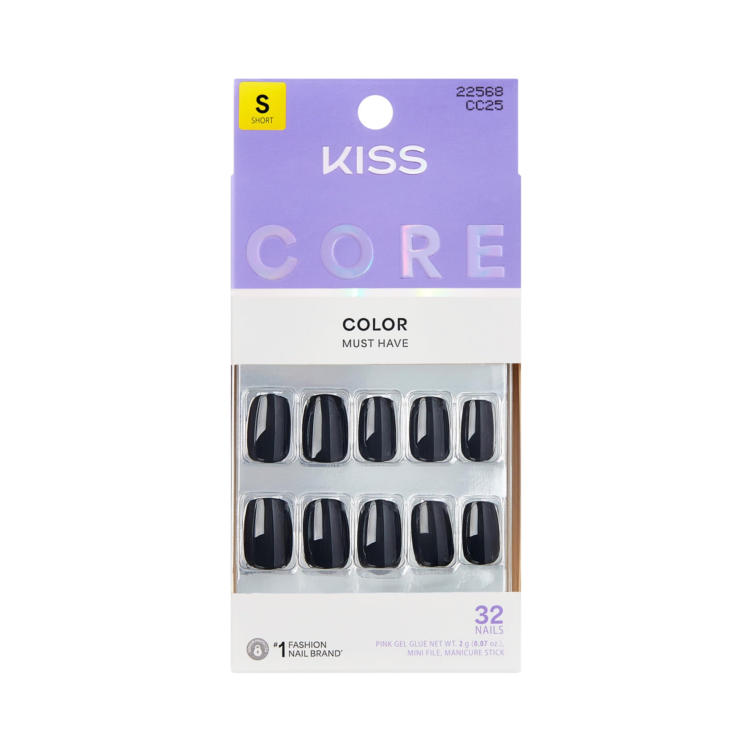 KISS CORE Color Press On Nails, ‘Photogenic’, Black, Short Squoval, 32 Count