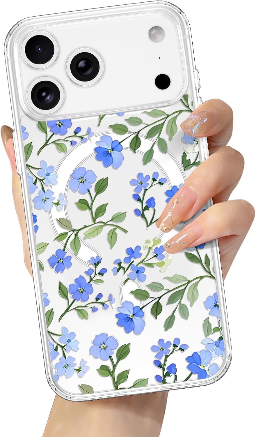 EYZUTAK Magnetic for iPhone 17 Pro Max Case Flower Case Compatible with MagSafe, Pretty Floral Stylish Aesthetic Phone Cover Slim Clear Anti-Yellowing Protective Cover for Girls Women - Blue - Image 9