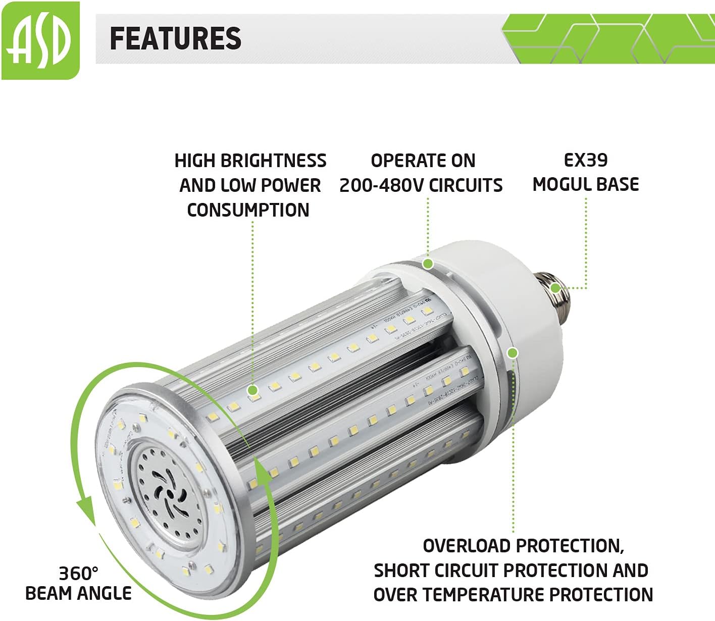 ASD LED Corn Light Bulb EX39 36W 5000K Daylight 3840Lm - High Voltage 200-480V UL & DLC - Replacement for 60W Metal Halide Bulbs - Outdoor LED Light Bulbs Corn Lamp with EX39 Mogul Base