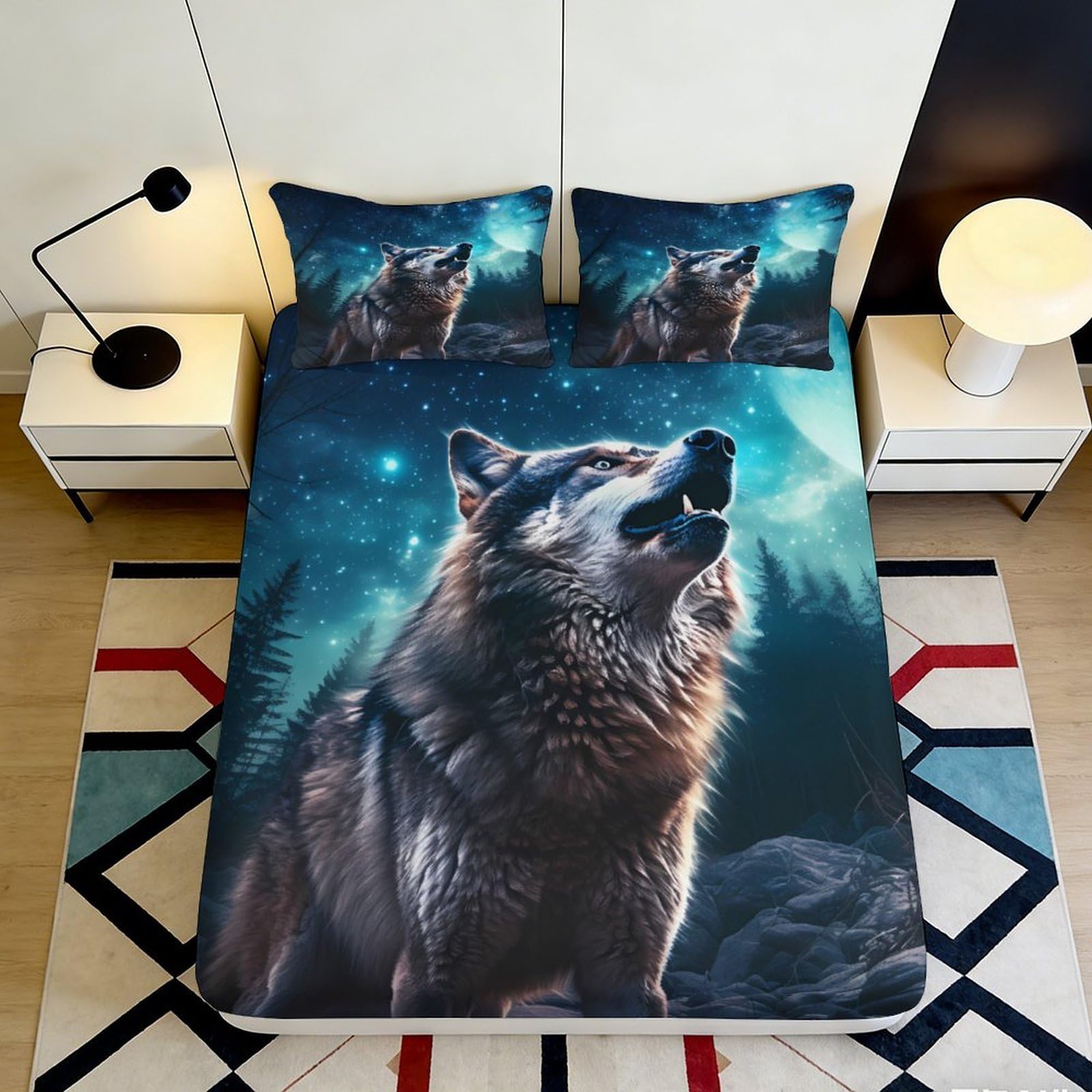 Jqzkxnhpbr Style-3 3D Printed Wolf Night Fitted Sheet Microfiber Soft Breathable Forest Howling Bed Cover For Bedroom Dorm Mattress Decor 90X200x25cm