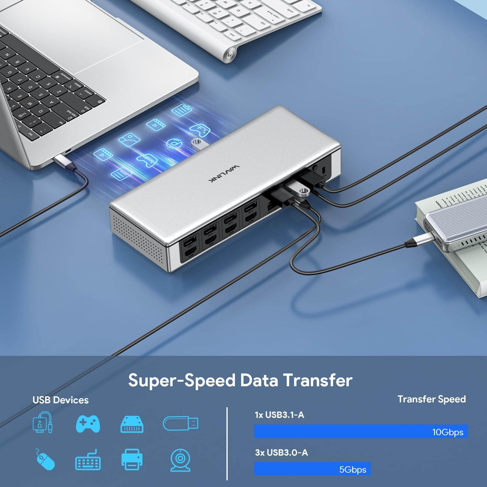 WAVLINK Dock USB C Quad Display 5K 4K@60Hz, Station d'accueil USB A pour MacBook Neo/Thunderbolt 3/4, Windows/Mac M1/2,4 HDMI,4 DP,2.5G RJ45,Alimentation AC180W,Transfert de données 10Gbps,SD/TF,Audio
