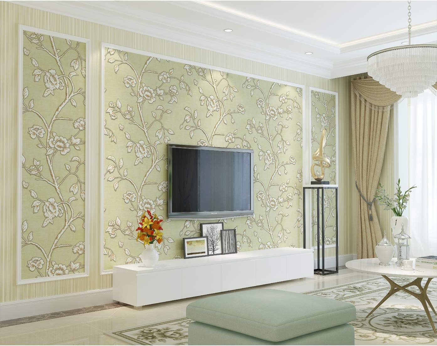 QIHANG Modern Simple 3D Thick Non-Woven Embossed Tree Flowers Pattern Living Room TV Background Wallpaper Roll 1.73' x 32.8'=57 Square feet (Beige)