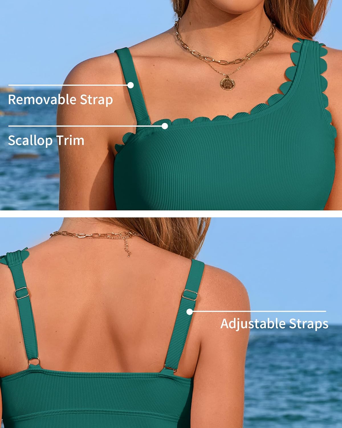 ANFILIA One Shoulder Two Piece Tankini Swimsuits for Women Tummy Control Bathing Suit Scalloped Tankini Top with Bottom - Image 4