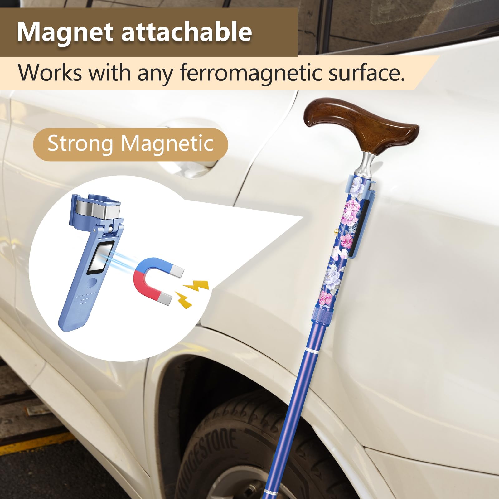 Bastón plegable con soporte antideslizante para hombres y mujeres, bastón de aluminio anticaída, mango de madera, ligero, bastón plegable ajustable para mayor estabilidad y apoyo (morado)