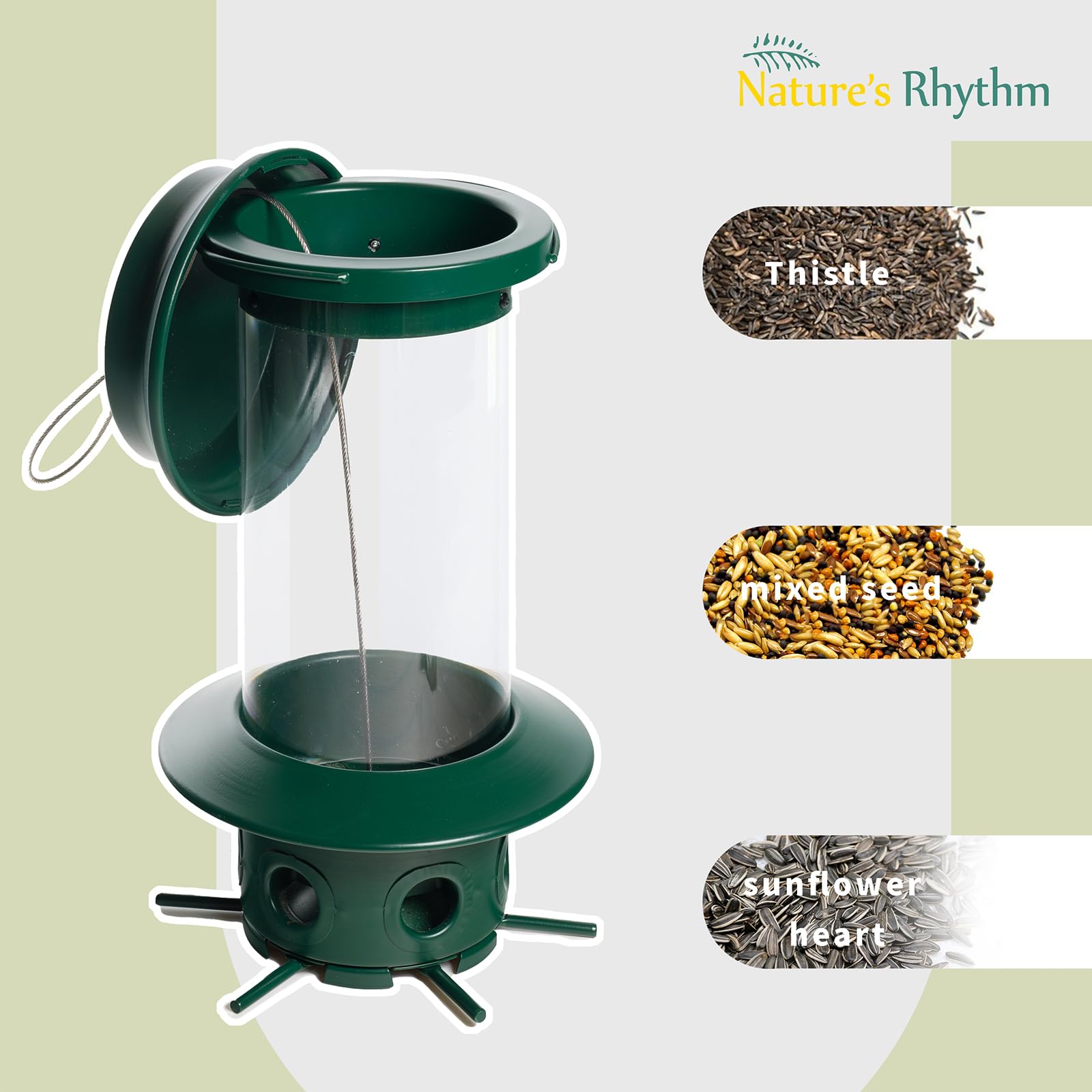 Nature's Rhythm Hängender klassischer Rohr-Futterspender für Wildvögel, Premium-Hartplastik, Stahlaufhänger, wetterfest und wasserabweisend