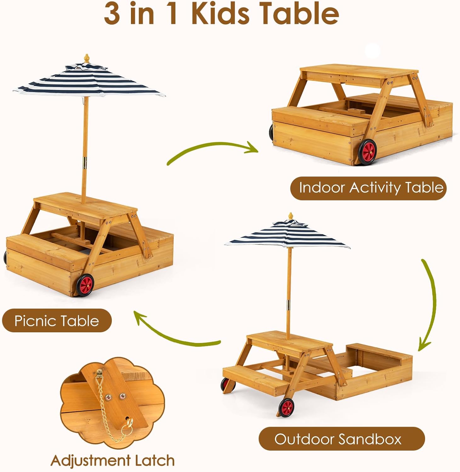 OLAKIDS Kids Picnic Table, 3 in 1 Outdoor Wooden Children Sandbox with Lid, Bench, Wheels, 2 Storage Boxes, Adjustable Foldable Umbrella for Patio Garden Backyard Beach