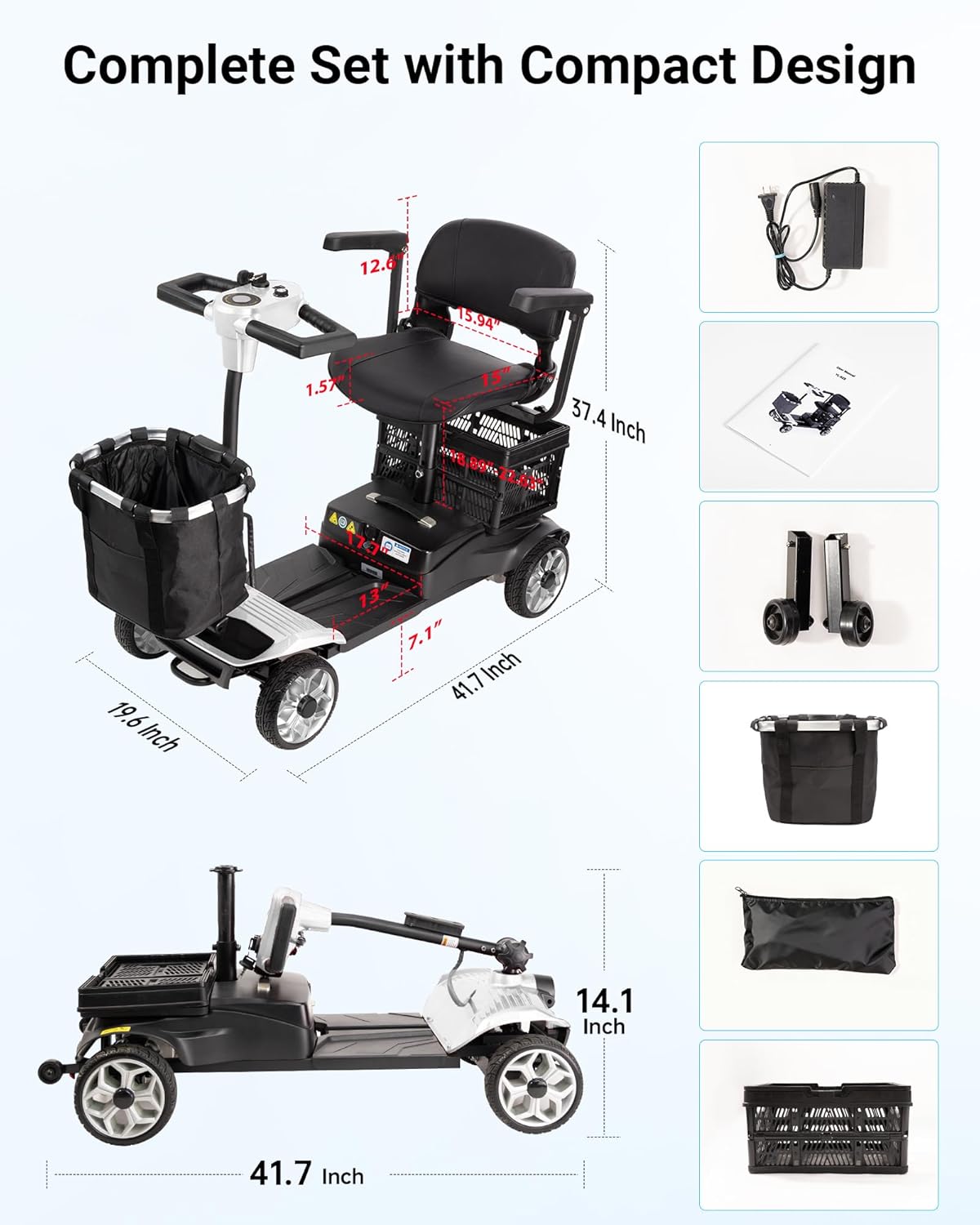 4 Wheel Mobility Scooter for Seniors & Adults, Foldable Portable Motorized Electric Scooters with Removable Battery for 15 Miles Travel, 330 LB Capacity, Dual Baskets & Rotating Seat (White)