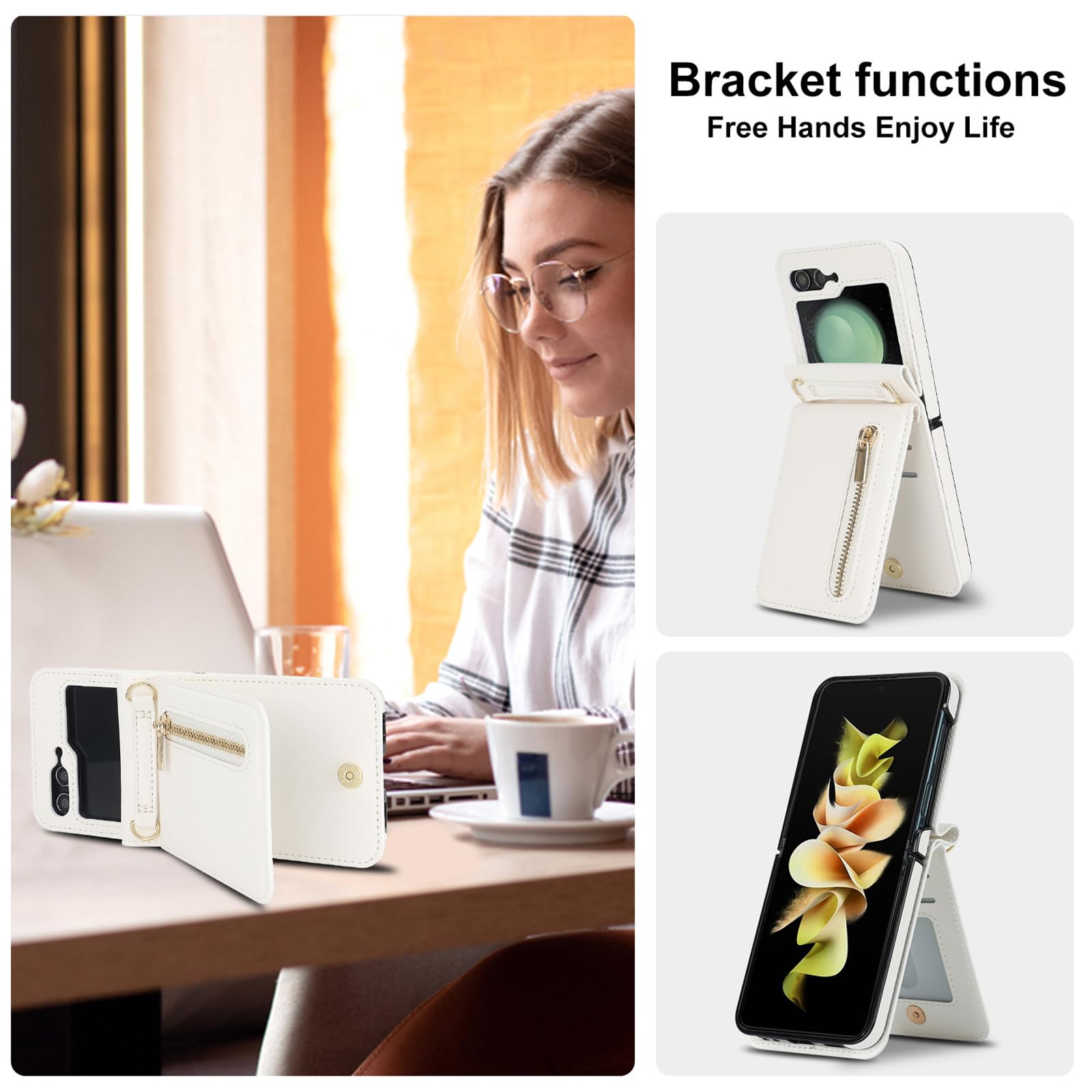 Skórzane etui do Samsung Galaxy Z Flip 6, crossbody w górę i w dół etui z klapką na zamek błyskawiczny etui na telefon z przegródką na karty, podpórka, odporne na wstrząsy, białe