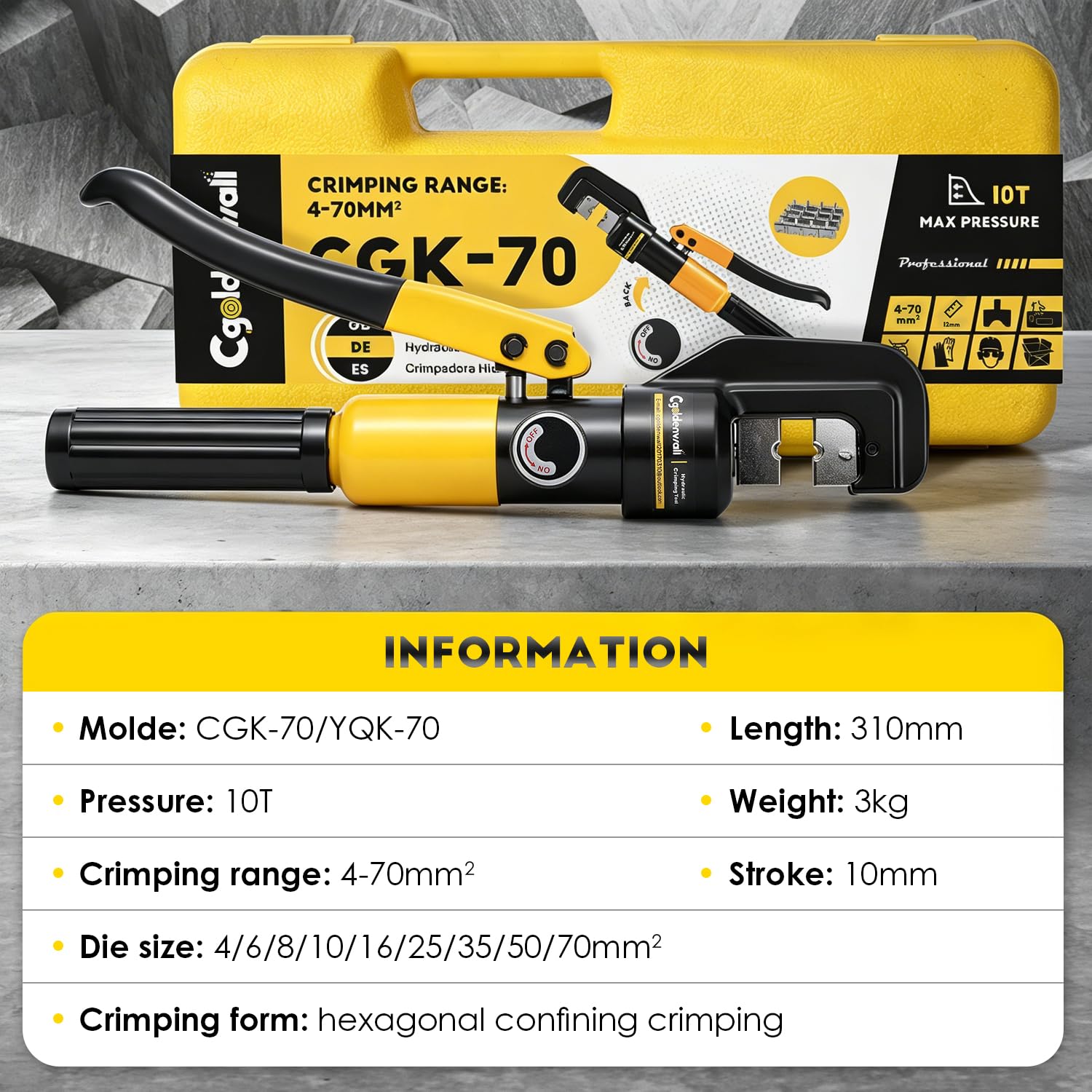 CGOLDENWALL YQK-70 Crimpadora Hidráulica 10T 9 Matrices Acero Hexagonal 4-70mm² Trazo 12mm