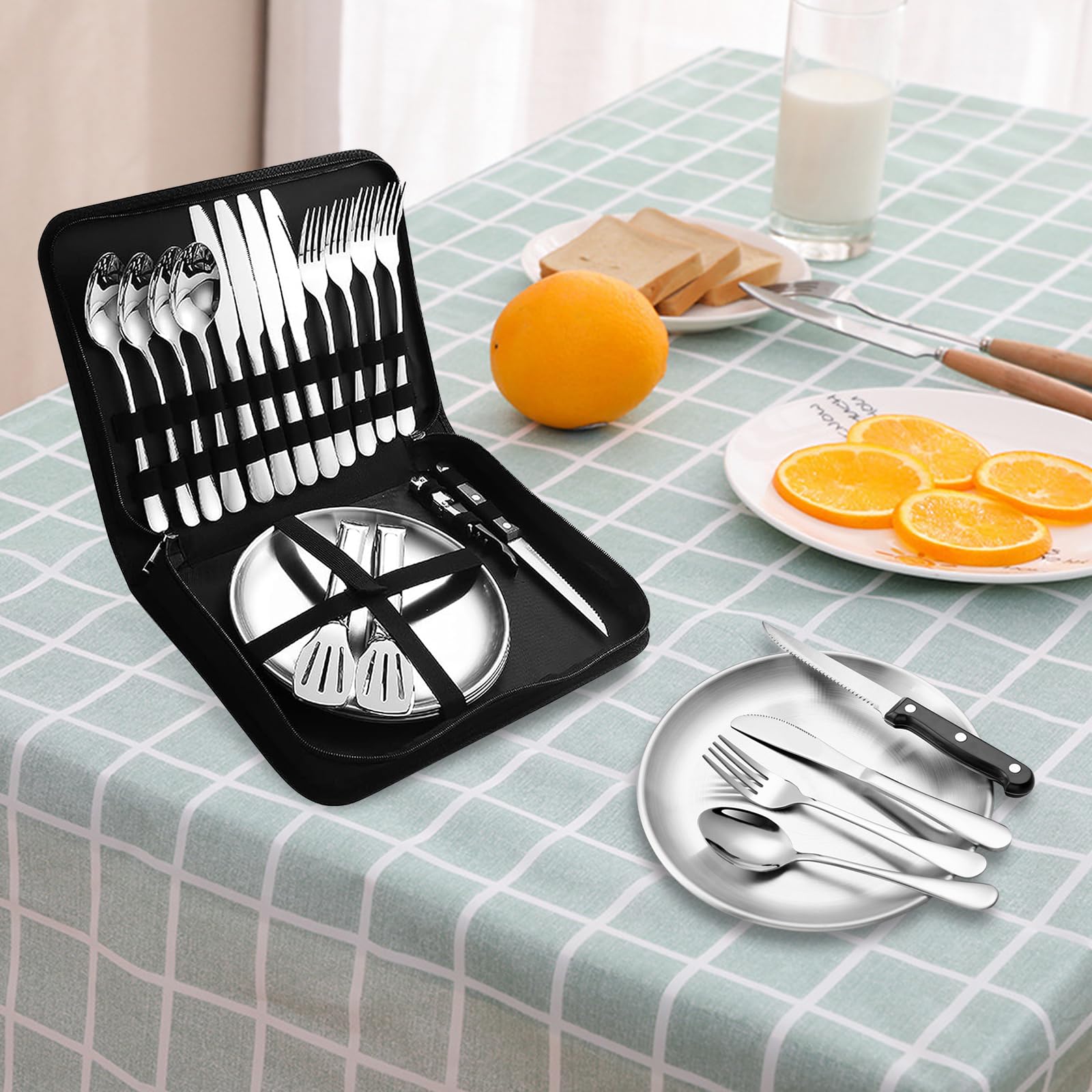 Set de Couverts de Camping pour 4 personnes, Portable Vaisselle Camping Inox pour Randonnée, L'escalade et Plein Air, avec couteau, fourchette, cuillère et assiette dans un sac de transport