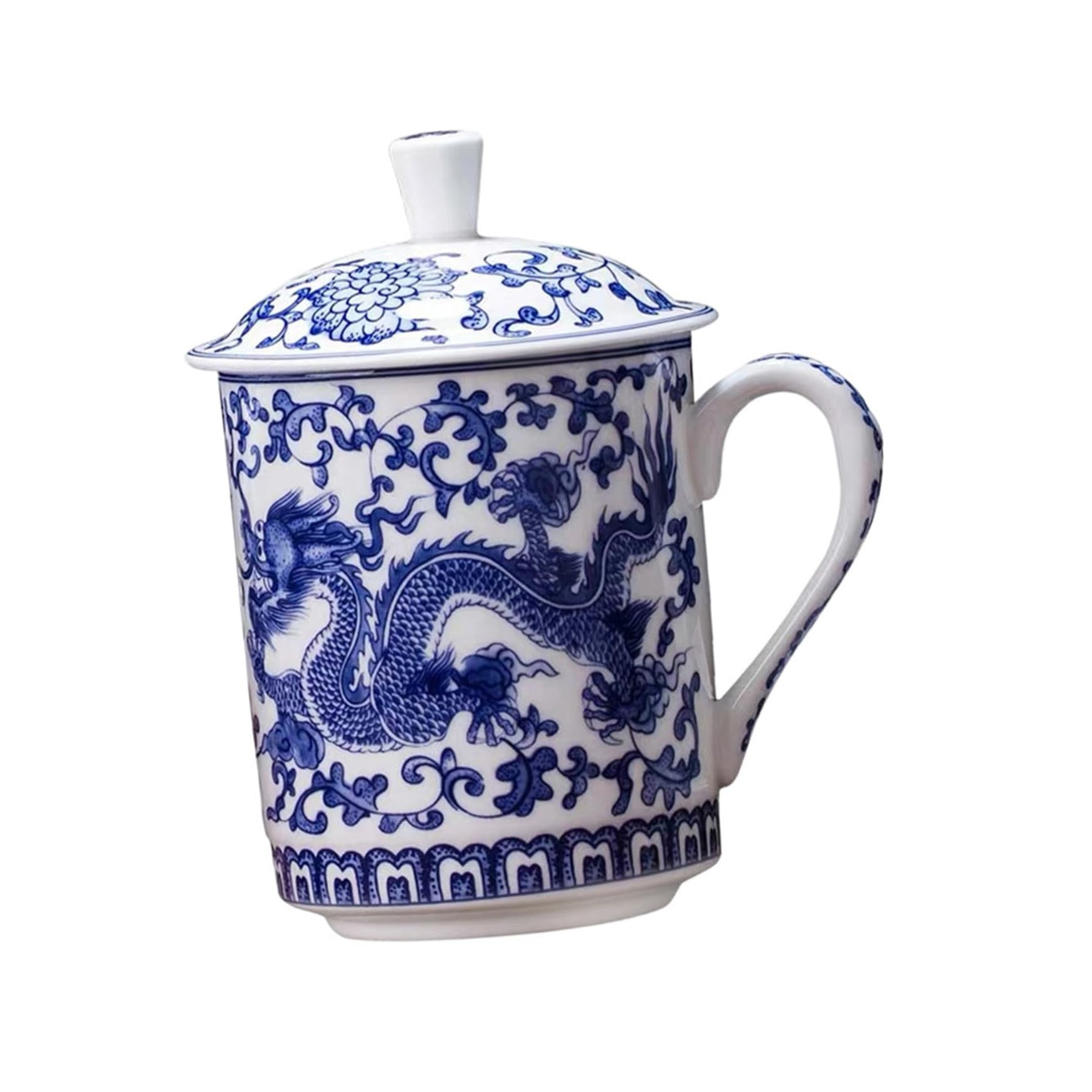 Housoutil Taza de Té de Cerámica Tapa, Gran Capacidad y Diseño Azul y Blanco, Fácil de Limpiar y Resistente a Manchas para Uso en Casa o Oficina