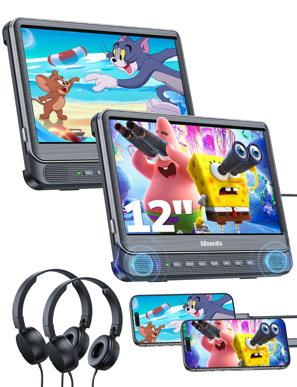 GOnavidio 12'' Auto DVD Player 2 Monitore mit HDMI-Eingang, 2 Kopfhörern, Auto Fernseher für Kinder Unterstützt Letzter Speicher, Regionsfrei, USB-SD-Karte