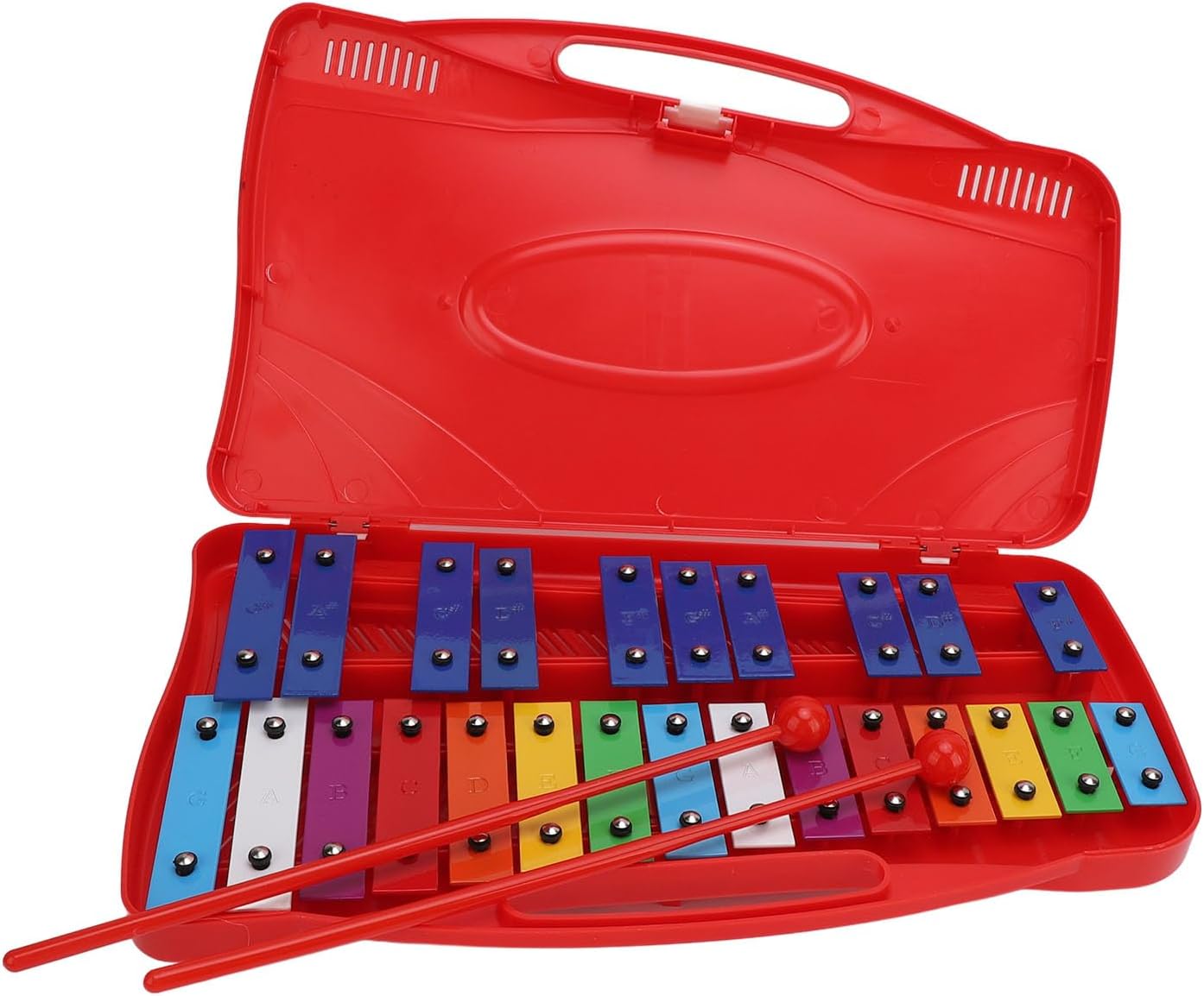 Focket Kids Xylophone, Aluminum 25 Note Glockenspiel Instrument, Rainbow Coloured Notes, 2 Full Octaves G G Clear Tone, Easy Grip Mallets, with Carrying Case for Music Teaching and