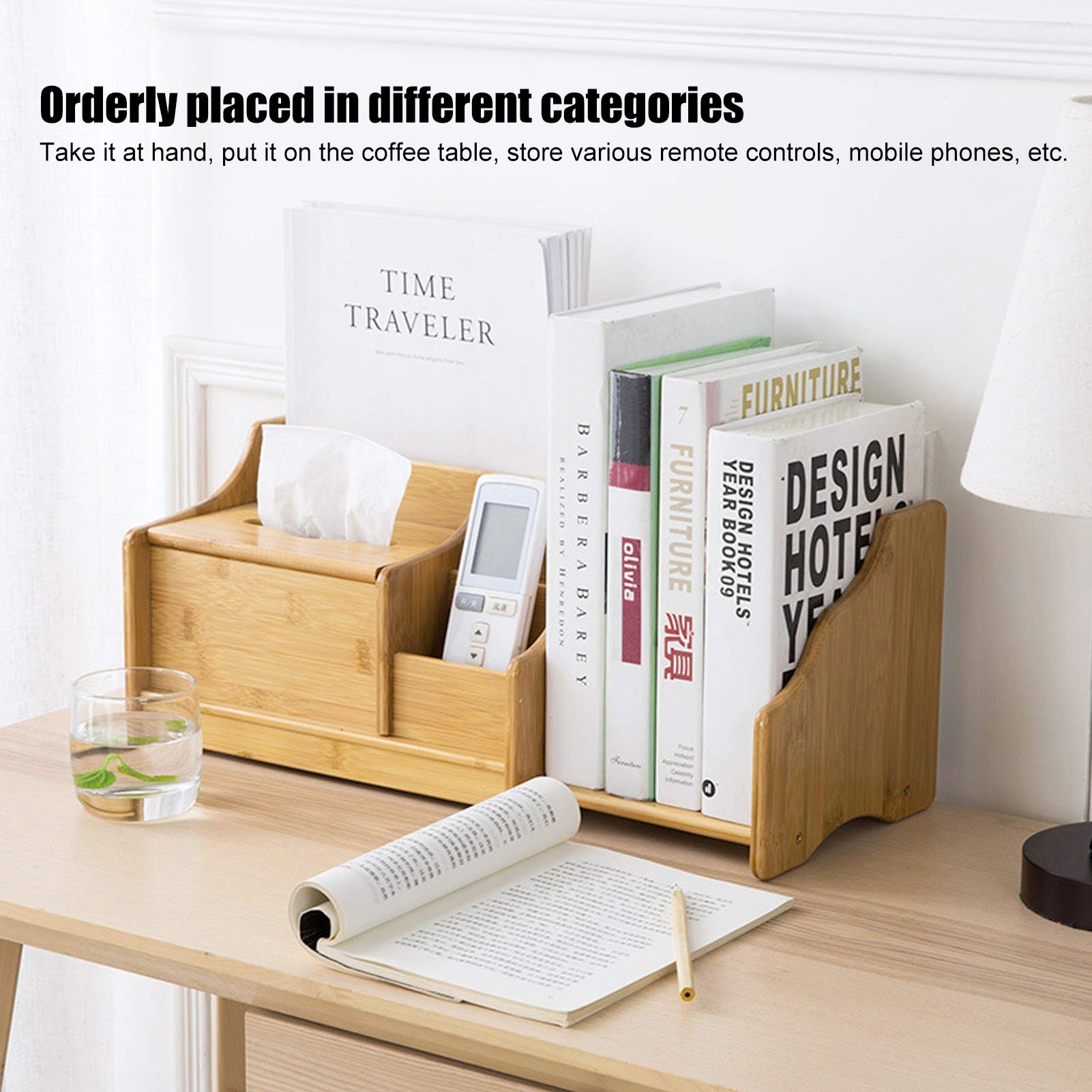 Juego de Organizadores de Escritorio de Bambú, Organizador de Escritorio de Bambú Extensible, Caja de Pañuelos, Estante para Libros, Soporte Estacionario, Caja de Almacenamiento de Maquillaje, Cajón D