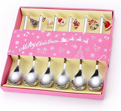 Cucharas de postre, cubiertos plateados de acero inoxidable de Navidad, 6 piezas con caja de regalo de Navidad, perfectos para fiestas de café y disponible en Yaxa Peru