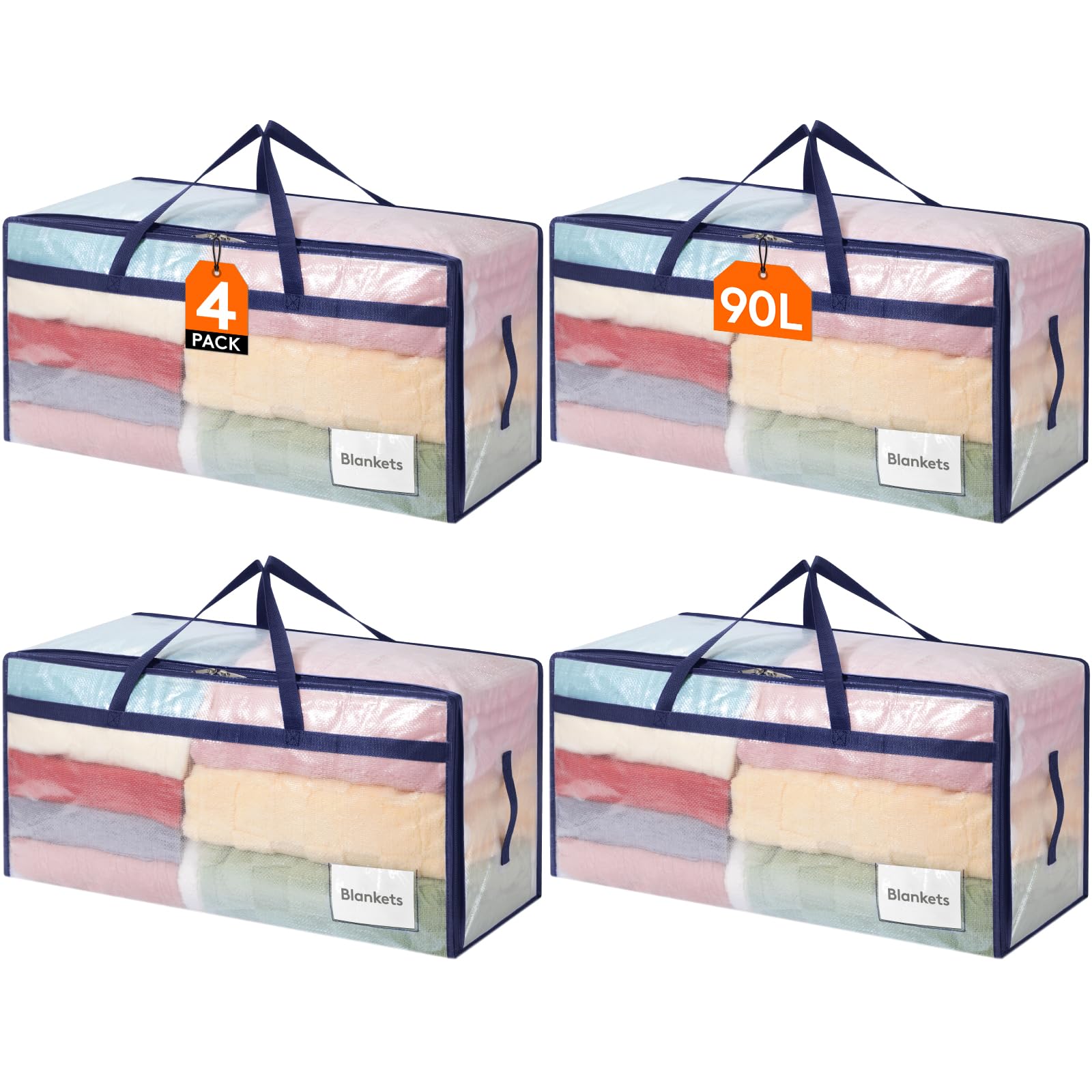 Lifewit Set di 4 Grandi Scatole per Armadio 90 L, Borse Trasloco con Manici, Contenitore Pieghevole per Piumoni, Coperte, Vestiti, Trasparente