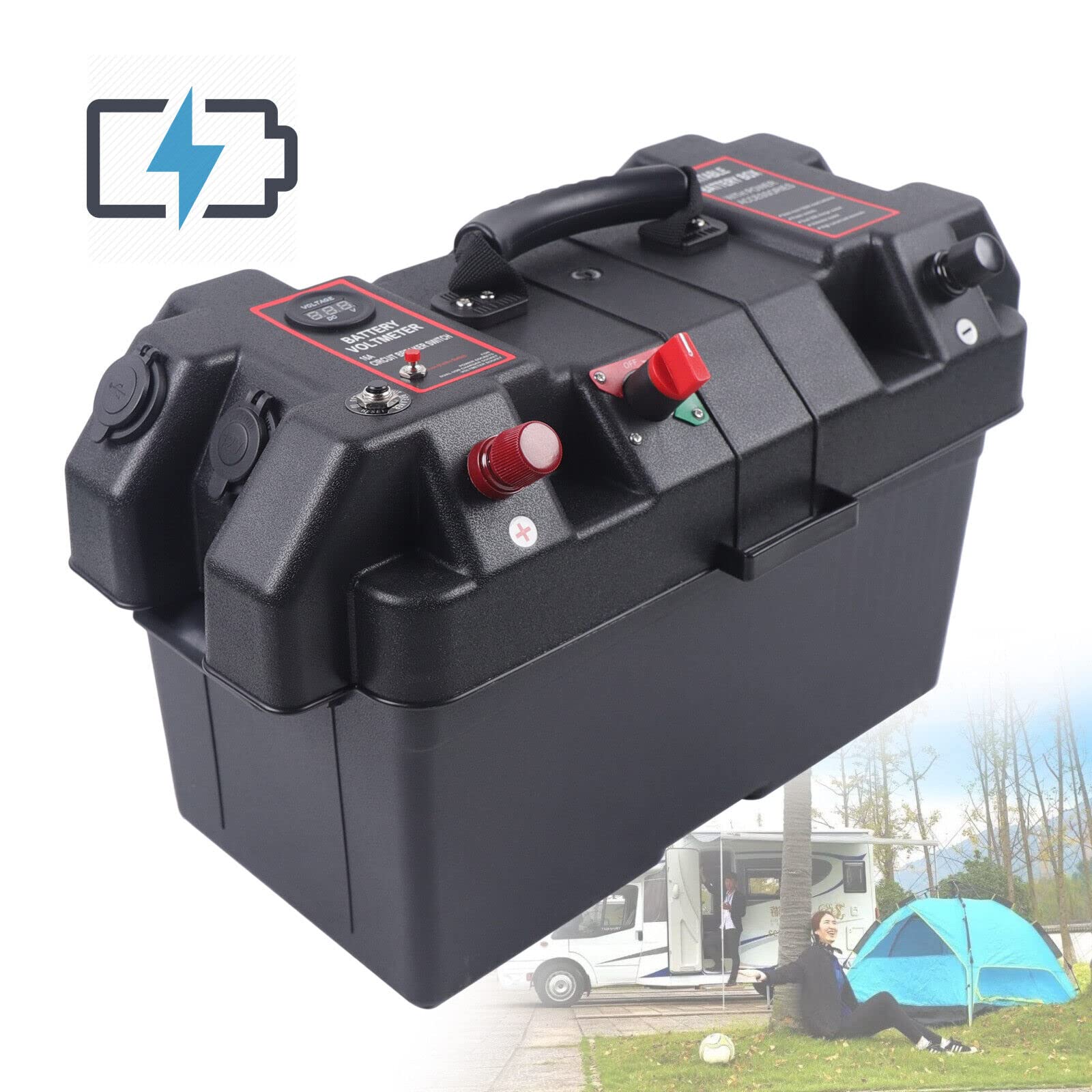 Caja de batería multifunción con dos puertos USB y control de voltaje en tiempo real para barco, caravana y camping, 1,1 kg, color negro