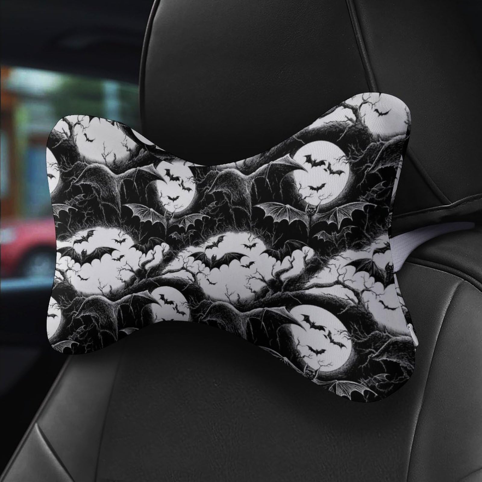 SMAZDFXX Halloween Black Bat Car Neck Pillow Set of 2 Car Seat Head Support Cushion Bone Pillows with Elastic Strap