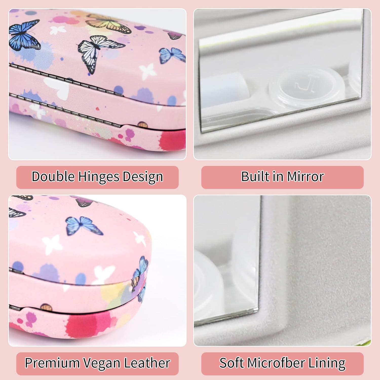 2 in 1 Contact Lens Case and Eyeglasses Case for Women Men Kids, Double Sided Hard Shell Portable Glasses Travel Holder with Built-in Mirror, Contact Lens Box (Pink Butterfly) image 3