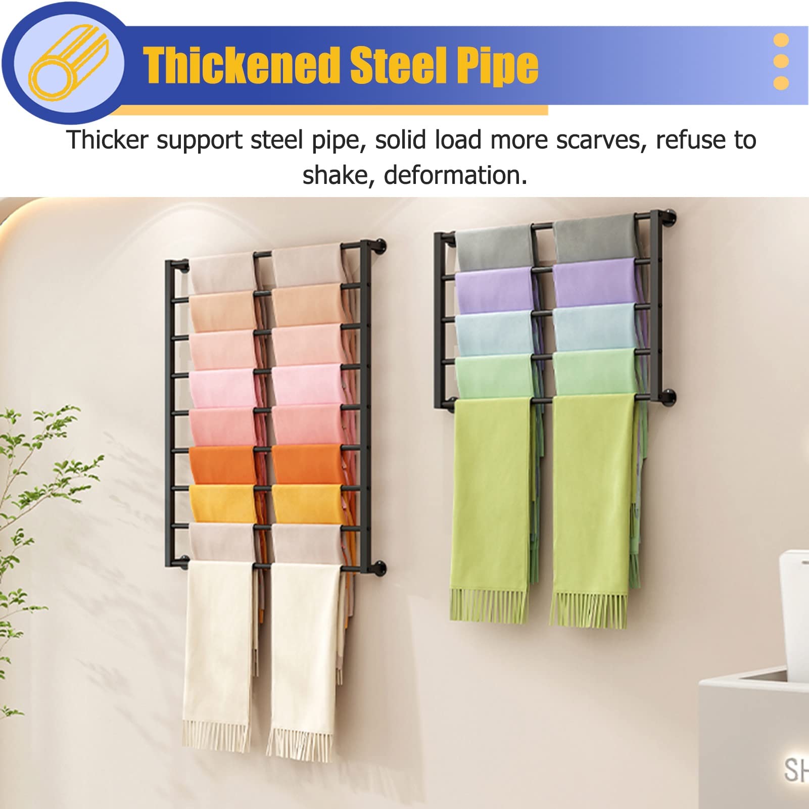 UWYTGF Heavy Duty 9 Layer Scarf Holder Rack,Modern Metal Wall Mount Hijab Storage Organizer,for Silk Ribbon/Wrapping Papers/Shawl/Blanket,Easy to Install,White,Length,120Cm/47.2In