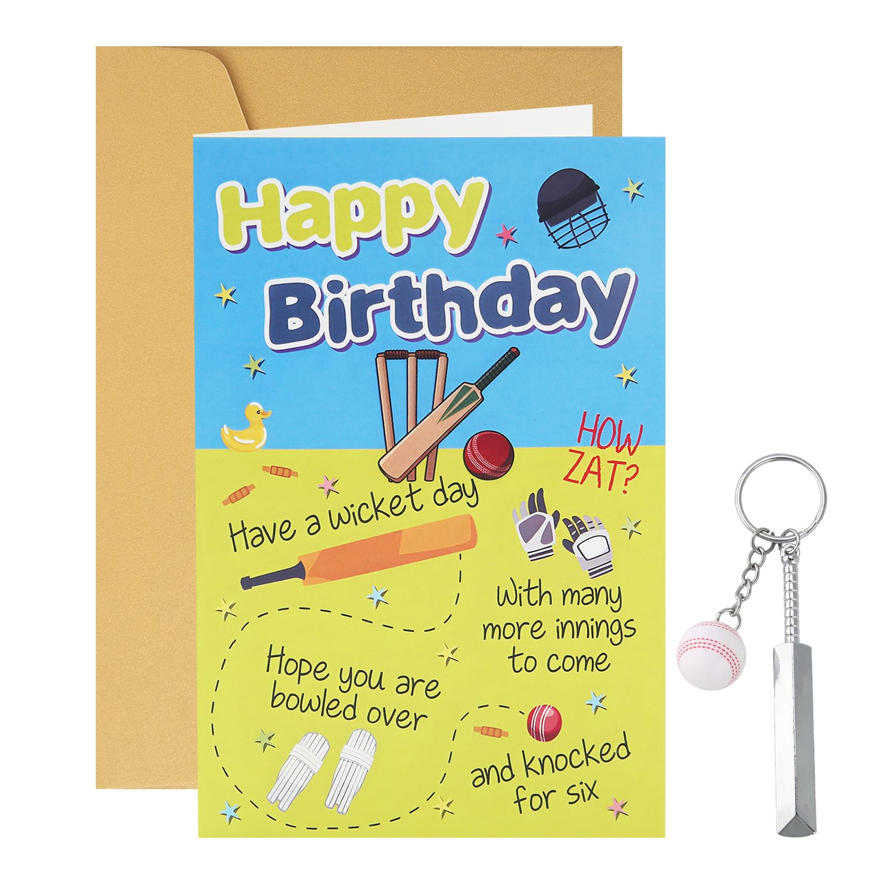 Cricket Birthday Card - Cricket Gifts for Men, DIY Cricket Themed Card with Envelope and Metal Keychain, Have A Wicket Birthday, Fun Cute Cartoon Birthday Gift for Family Friend Lovers, Blank Inside